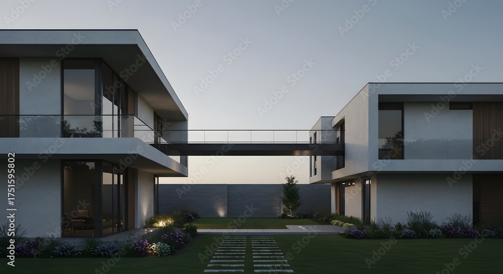 Fototapeta premium Modern Minimalist Home Exterior with Skybridge