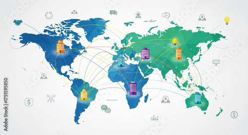 Global network connections and communication concept with world map and icons of business, technology, and finance