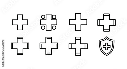 Collection of hand drawn medical cross icons and shield symbol