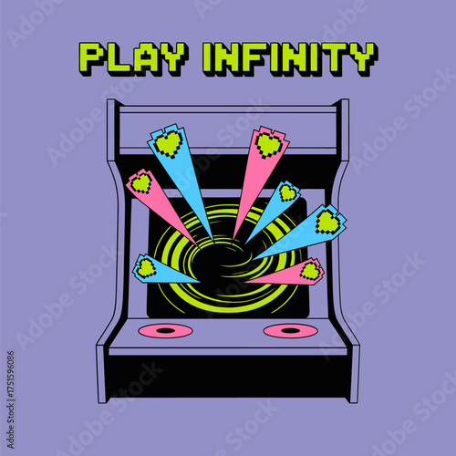 Retro arcade cabinet with beams, play infinity message, glowing hearts effect, classic game machine, vector illustration artwork
