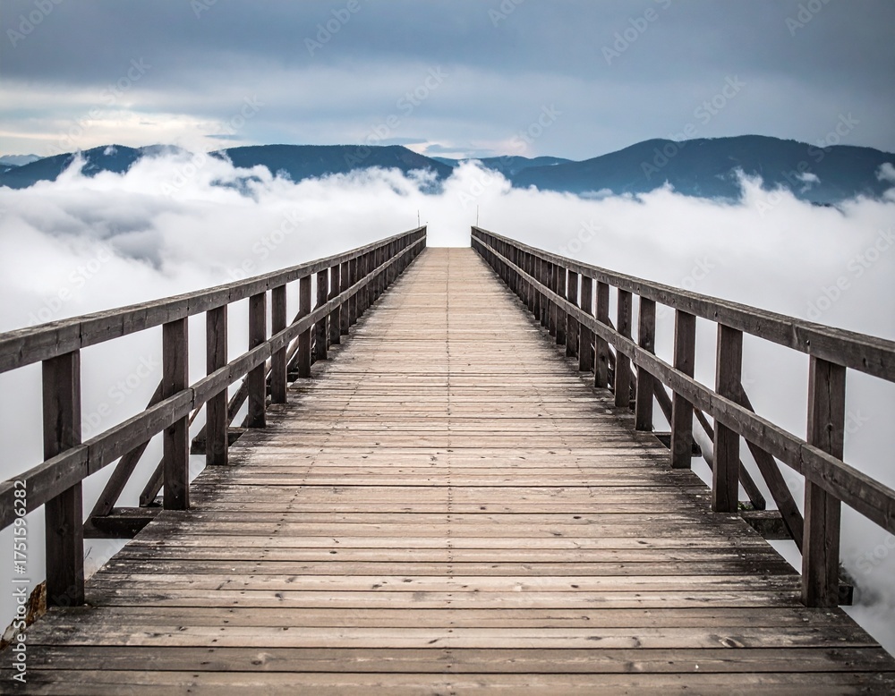 Fototapeta premium Bridge to the Clouds: A wooden bridge, leading towards an ethereal vista where rolling clouds meet the majestic peaks in the distance. The scene evokes a sense of serenity and exploration.
