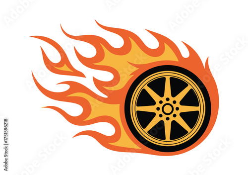 A car wheel engulfed in bright orange and yellow flames symbolizing speed and power