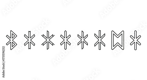 Collection of ancient norse runes and symbols in black outline on white background