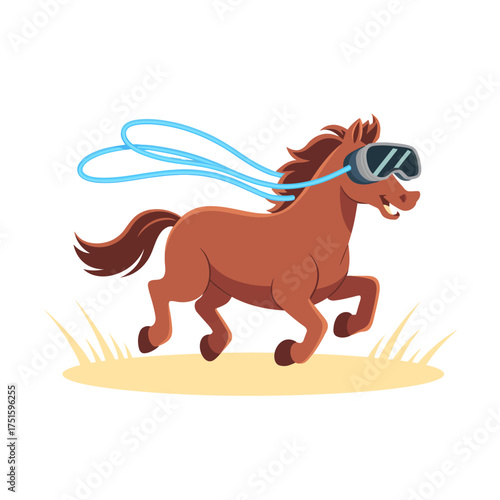 Speedy horse with goggles, playful sprint motion, cartoon animal athlete, active mascot graphic, fun illustration vector artwork