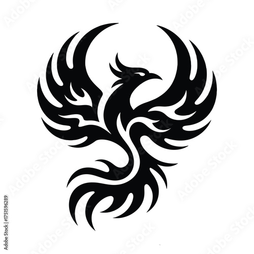 Stylized black silhouette of a mythical phoenix bird with fiery wings and tail