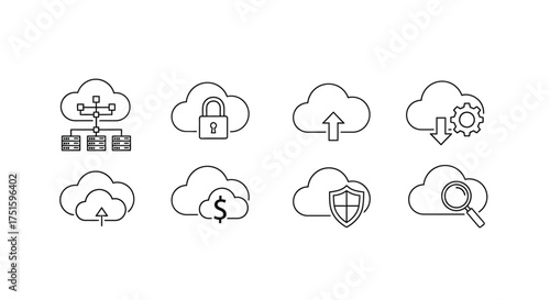 Cloud computing icons representing data storage security and technology