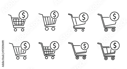 Collection of shopping cart icons with dollar signs representing commerce and finance