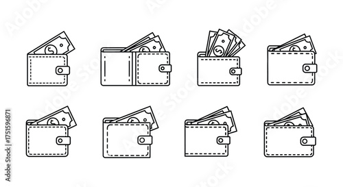 Collection of hand drawn wallets filled with cash bills