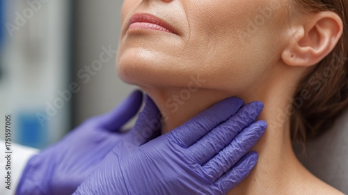 Doctor examines adult woman s thyroid for cancer close up of node