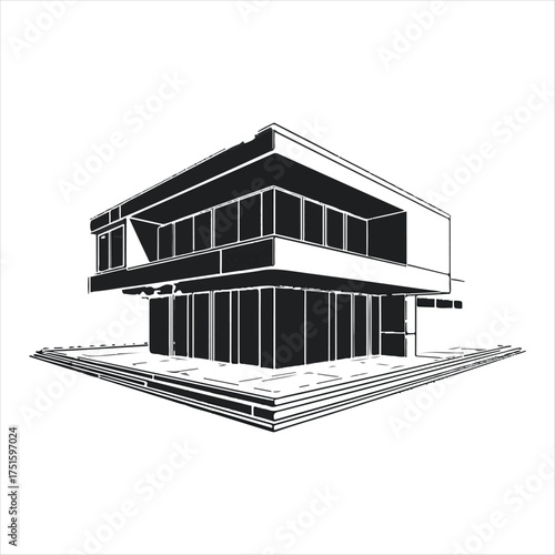 Contemporary Architectural Building Line Art,Black and White Modern Home Vector Design,Minimal Geometric Architecture Vector Drawing,Stylish Modern House Facade Vector Art,Abstract Con