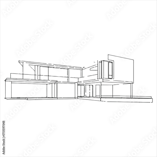 Contemporary Architectural Building Line Art,Black and White Modern Home Vector Design,Minimal Geometric Architecture Vector Drawing,Stylish Modern House Facade Vector Art,Abstract Con