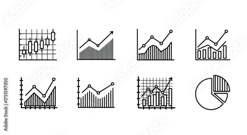Hand drawn collection of business and financial charts and graphs icons
