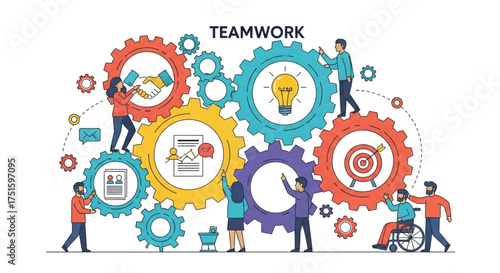 Teamwork concept with diverse people collaborating and gears representing collaboration, illustrates unity and shared goals