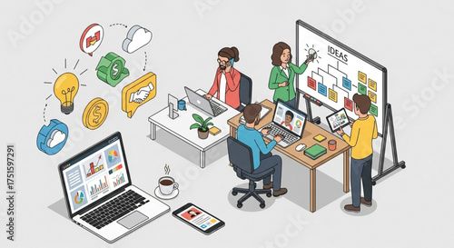Isometric office scene showing a team working on a project, with a whiteboard, laptops, and various icons representing ideas and data visualization