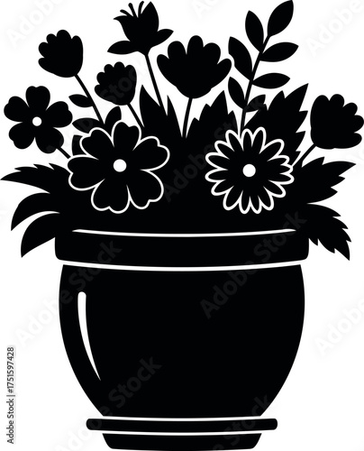 Silhouette of vibrant flowers in a decorative pot with leaves and petals detailed design vector
