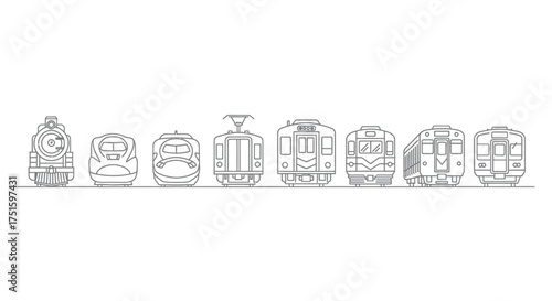 Line drawing of various vintage and modern train carriages side by side