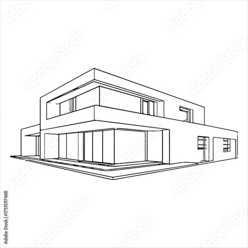 Contemporary Architectural Building Line Art,Black and White Modern Home Vector Design,Minimal Geometric Architecture Vector Drawing,Stylish Modern House Facade Vector Art,Abstract Con