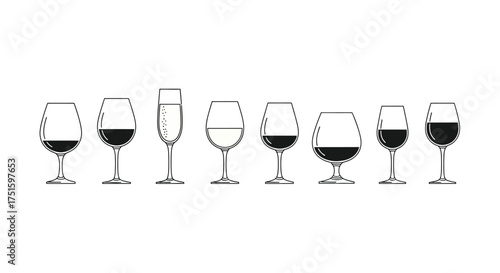 Collection of assorted wine and champagne glasses filled with dark liquid