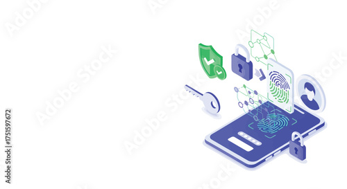 Smartphone displays fingerprint scan surrounded by security icons, indicating digital protection and data privacy in a modern, technological setting.