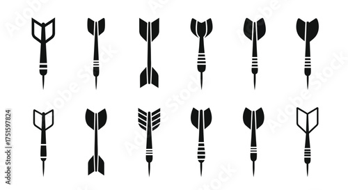 Collection of black silhouette dart icons on white background