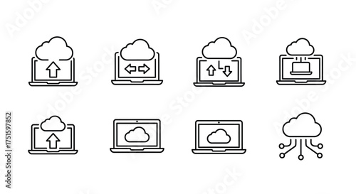 Set of cloud computing icons representing data upload download and storage on laptops