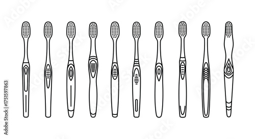 Collection of hand drawn toothbrushes in a row black and white illustration