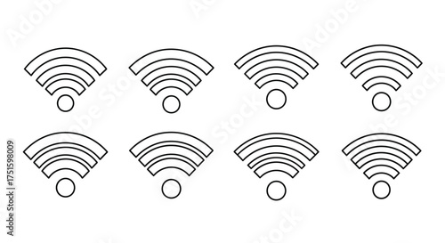 Eight hand drawn wi fi signal icons isolated on white background