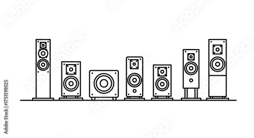 Collection of outline drawings of various audio speakers and subwoofer