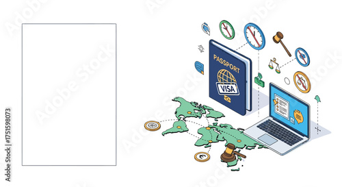 Passport and laptop connected by world map symbolize global travel and legal processes for international journeys, emphasizing convenience and legality.