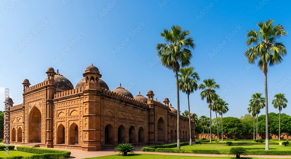Fototapeta premium Ancient mosque with domes and minarets surrounded by palm trees