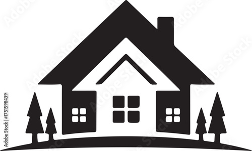 Real Estate House with Pine Trees Logo Representing Home Ownership and Property Development