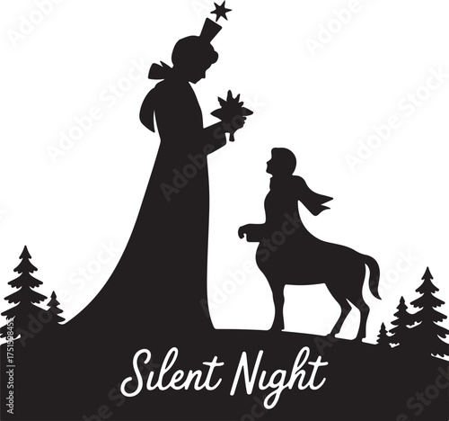 Silent Night Silhouette Nativity Scene with Angel Centaur and Star Graphic Vector Illustration on Transparent Background