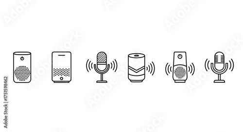 Set of stylized icons representing smart speakers and microphones