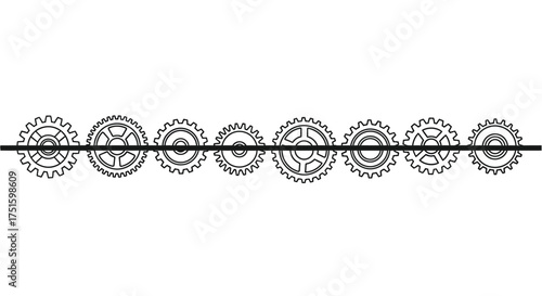 Row of intricate gears connected by a horizontal line