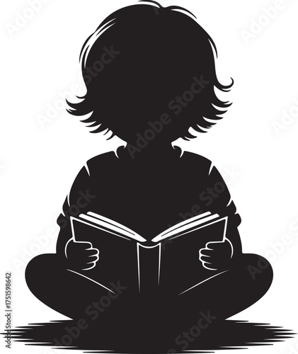 Sitting Child Silhouette Reading Open Book Learning Knowledge Literature and Education Vector Illustration