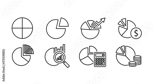 Collection of hand drawn pie chart icons representing data and finance