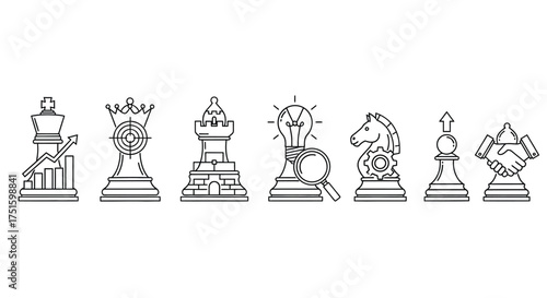 Collection of detailed black and white line art chess pieces
