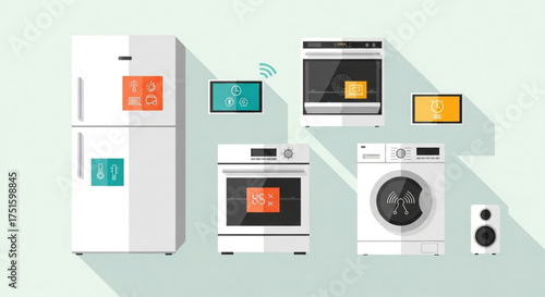 Smart home appliances connected to the internet of things, including a refrigerator, oven, washing machine, and speaker