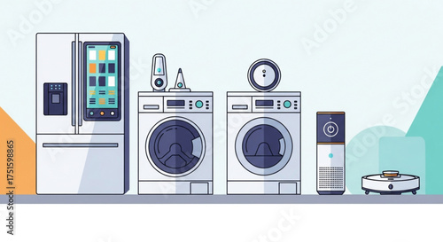 Smart home appliances connected to the internet of things, including a refrigerator, washing machine, dryer, vacuum, and speaker
