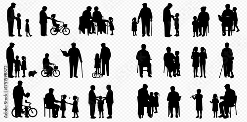 Silhouettes of people interacting, including adults with children and elderly individuals, in various poses and activities.