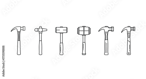 Collection of hand drawn hammers and mallets on a white background