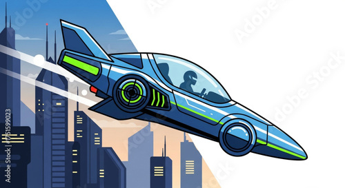 Futuristic flying car soaring above a city skyline, symbolizing innovation, technology, and the future of transportation
