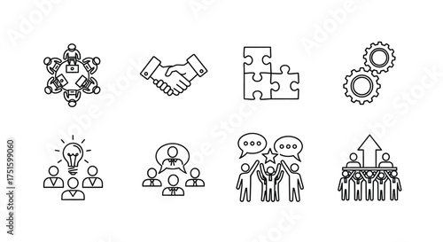 Collection of business and teamwork icons in a simple line art style