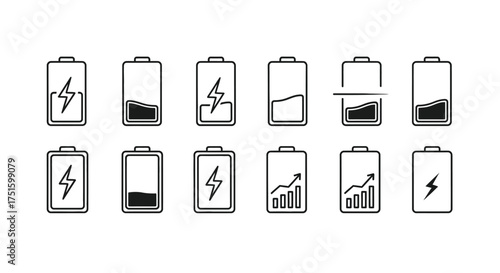 Set of hand drawn battery icons showing different charge levels and concepts
