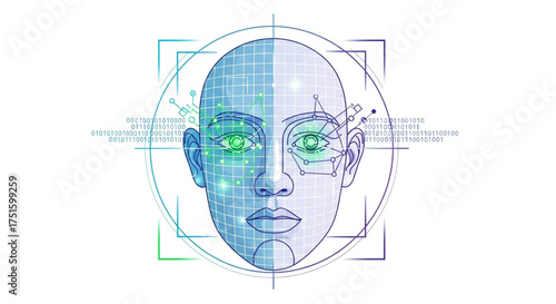 Advanced face recognition technology with digital grid and circuit board for security and identification