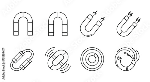Collection of diverse magnet shapes and types in a simple line art style