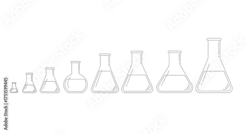 Collection of laboratory flasks of varying sizes and shapes with liquid