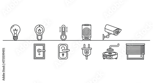 Collection of home automation and security icons in a simple line art style