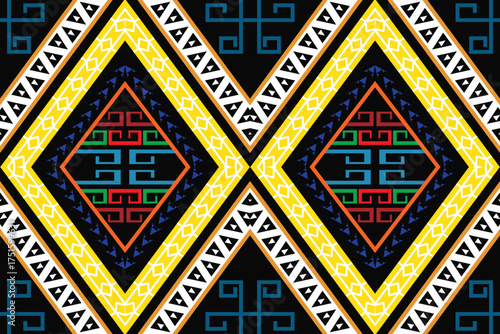 Elegant tribal geometric pattern featuring bold diamond shapes in black, gold, blue, red, and green tones. The design showcases intricate symmetrical motifs inspired by ethnic textile art and traditio