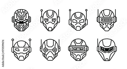 Collection of eight futuristic robot helmet designs in black and white line art